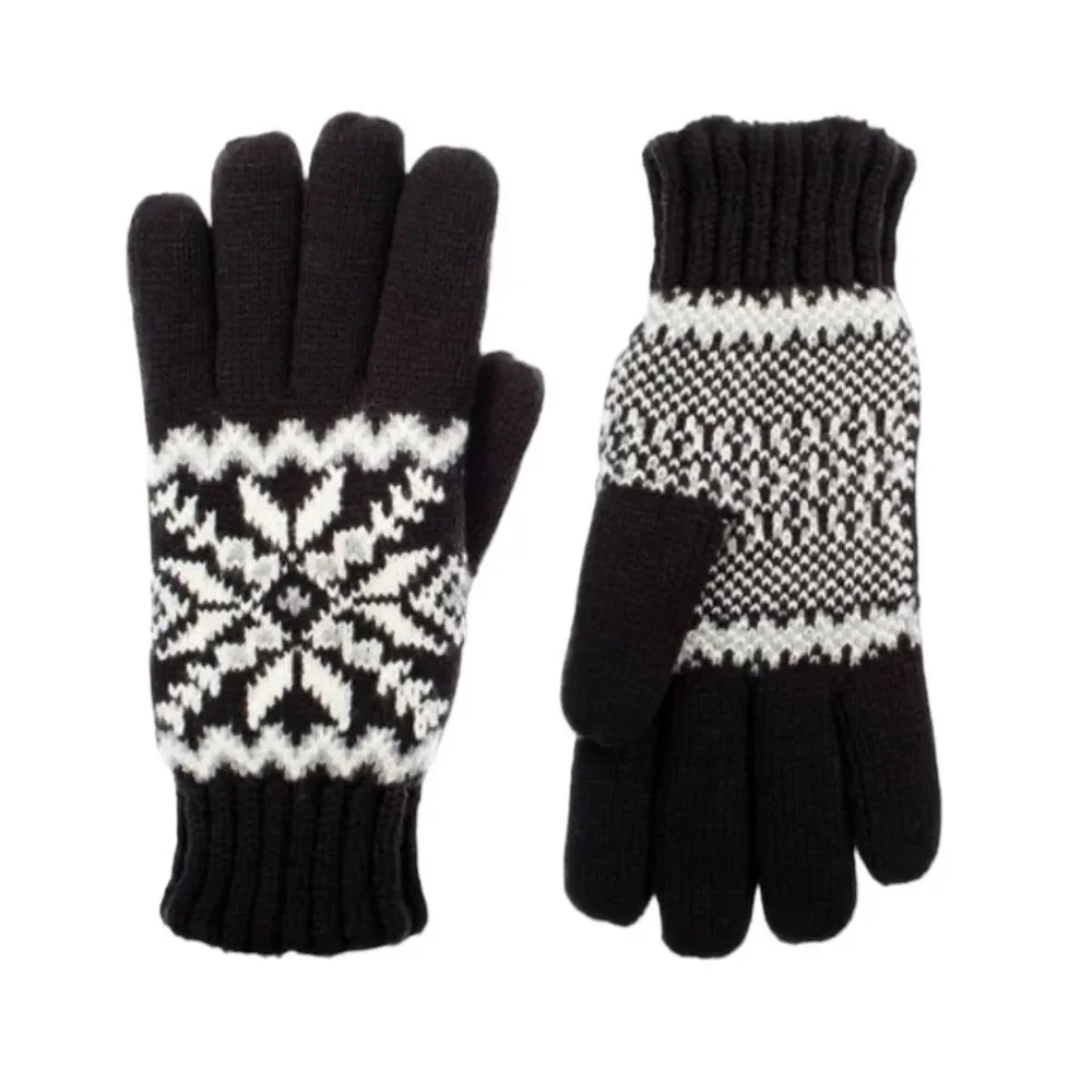 NWT Isotoner Adult Snowflake Knit Gloves One Size Black NEW